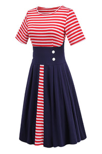 Red Stripe Top A-line Short Sleeves Vintage Dress