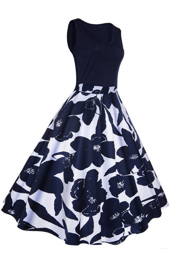 Dark Navy Sleeveless Floral A-line Vintage Dress