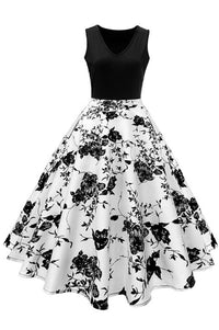 Black  Sleeveless Floral A-line Vintage Dress