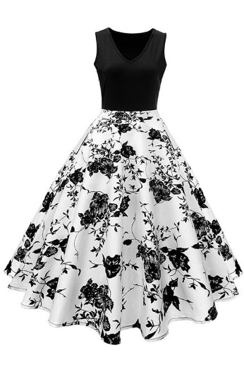Black  Sleeveless Floral A-line Vintage Dress