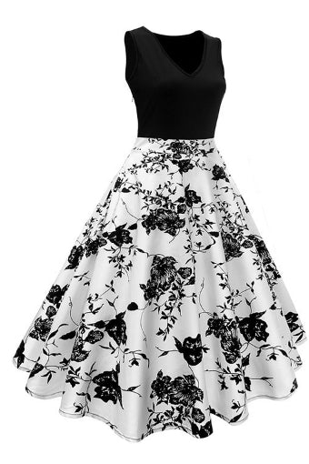 Black Sleeveless Floral A-line Vintage Dress
