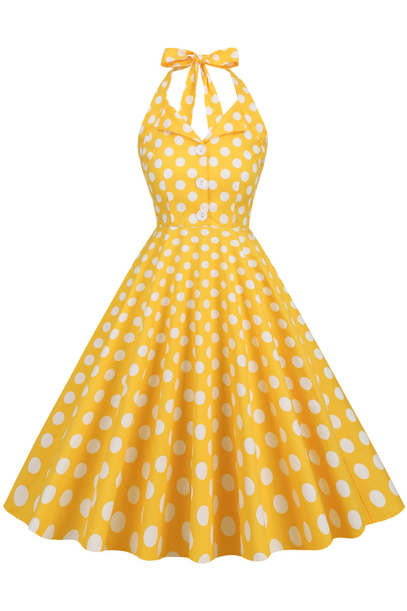 Herbene Yellow Bow Tie Halter Dot A-line Dress