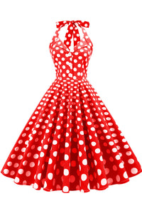 Herbene Red Bow Tie Halter Dot A-line Dress