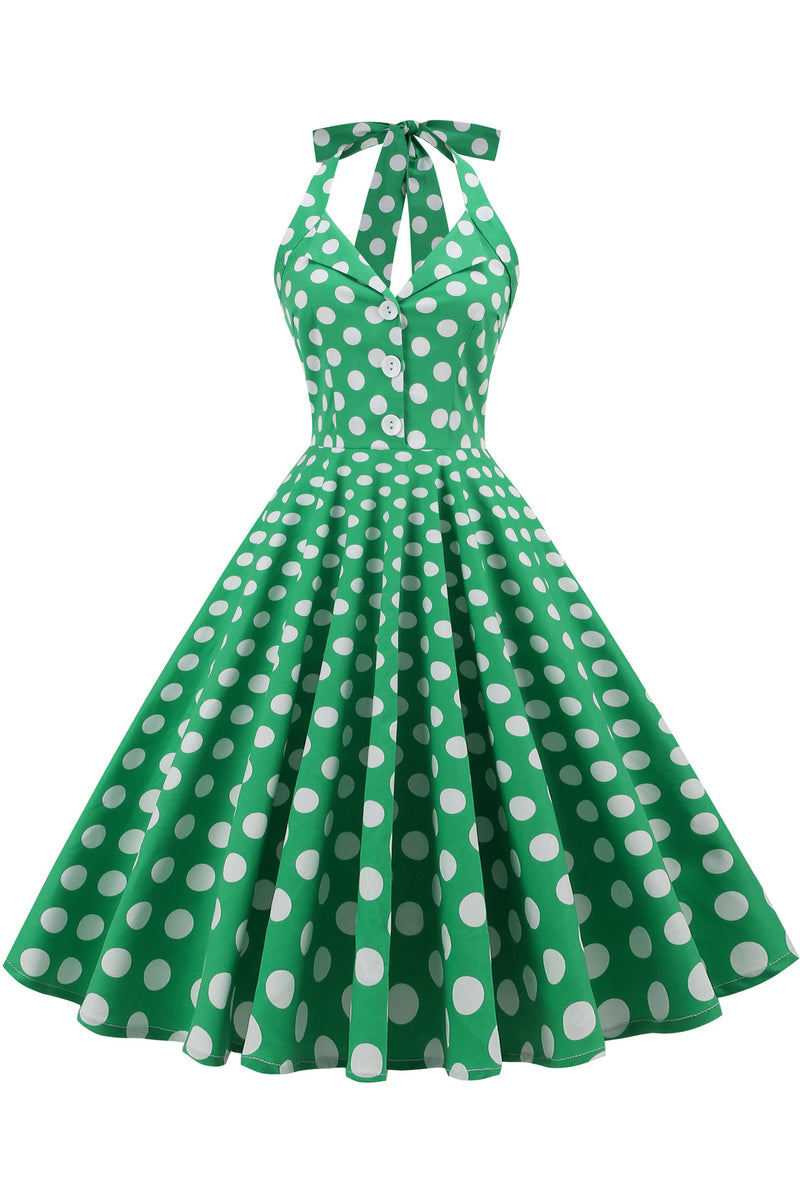 Herbene Green Bow Tie Halter Dot A-line Dress