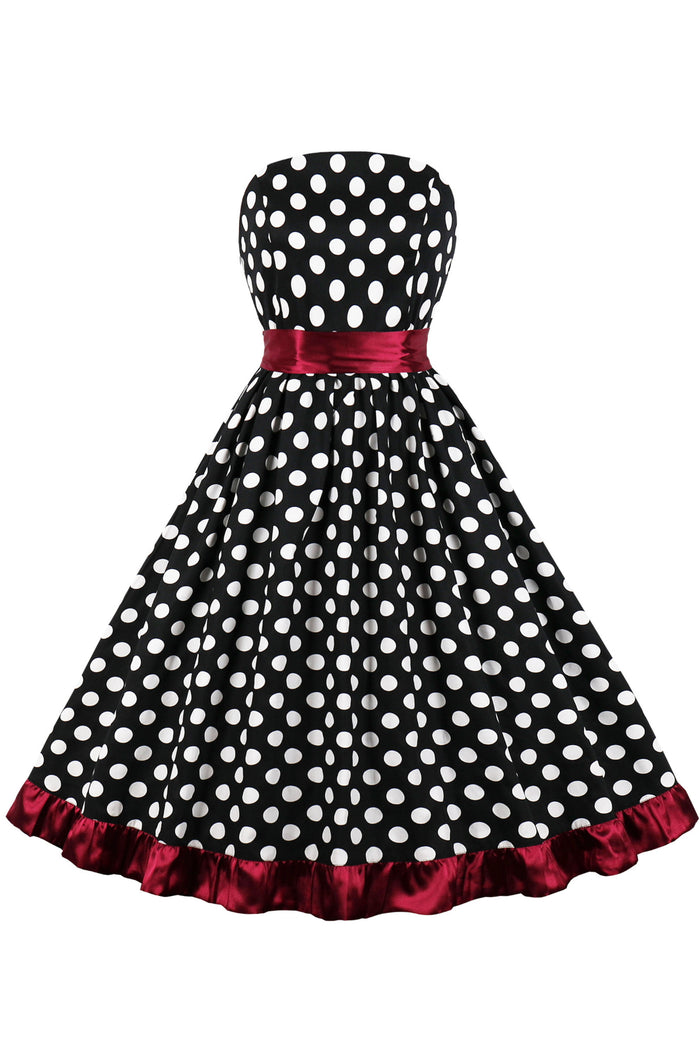 Black Dotted Strapless A-line Ruffled Vintage Dress