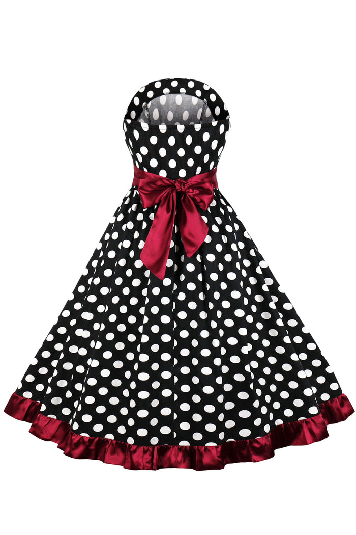 Black Dotted Strapless A-line Ruffled Vintage Dress
