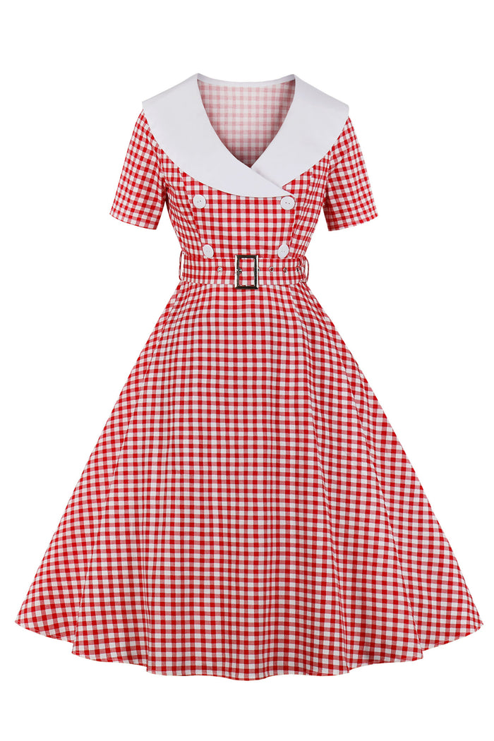 Red Plaid Folded Neck Short Sleeves A-line Vintage Dress with Belt