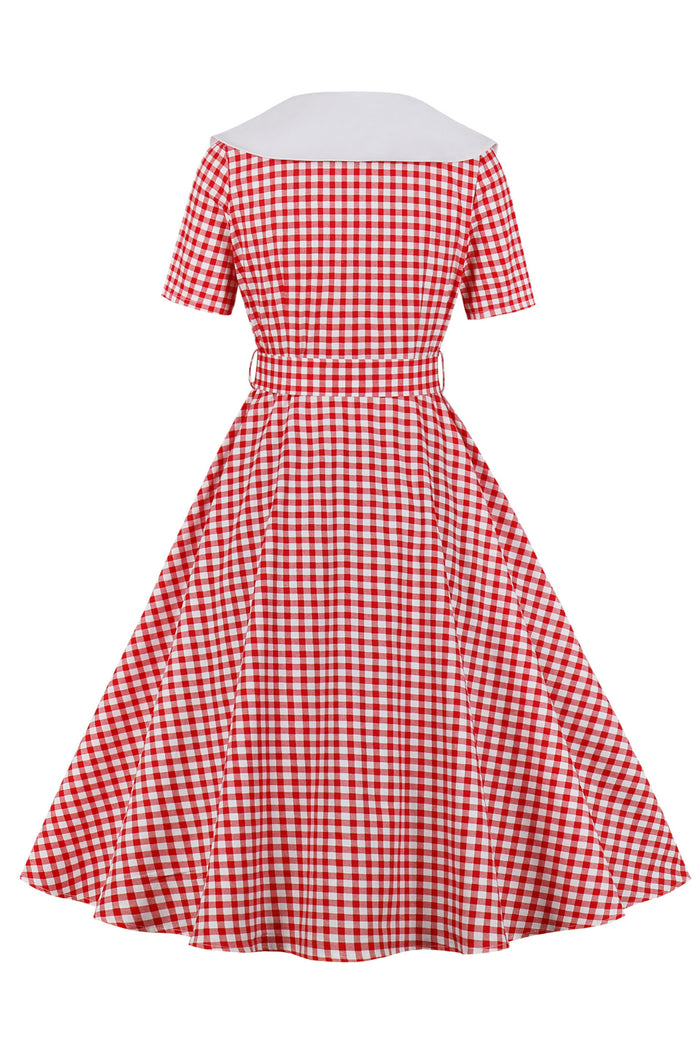 Red Plaid Folded Neck Short Sleeves A-line Vintage Dress with Belt