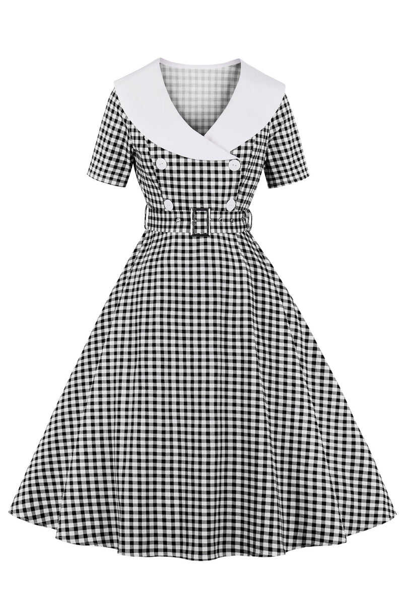 Black Plaid Folded Neck Short Sleeves A-line Vintage Dress with Belt