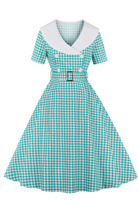 Blue Plaid Folded Neck Short Sleeves A-line Vintage Dress with Belt