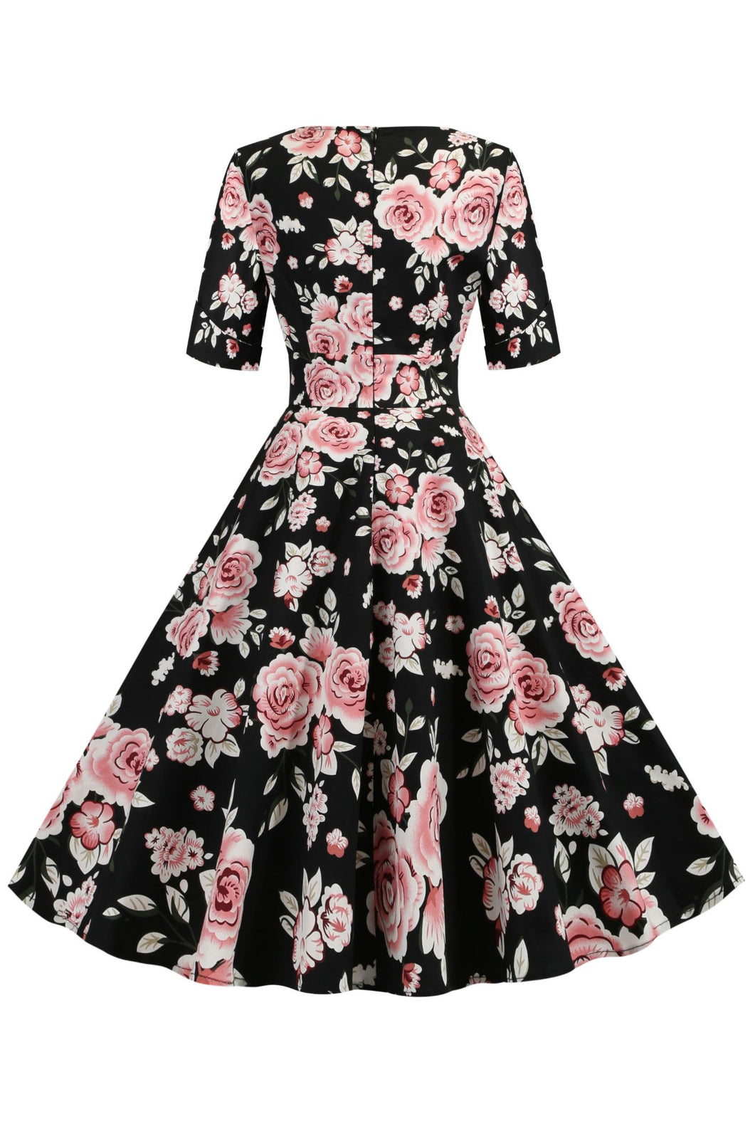 Black Floral Surplice Short Sleeves A-line Vintage Dress