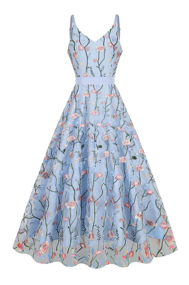 Light Blue Floral A-line V Neck Slip Vintage Dress