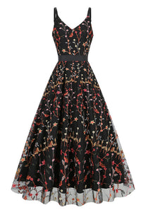 Black Floral A-line V Neck Slip Vintage Dress