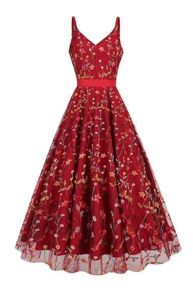 Red Floral A-line V Neck Slip Vintage Dress