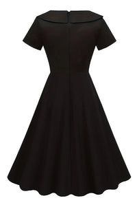Black Folded Neck Short Sleeves A-line Vintage Dress