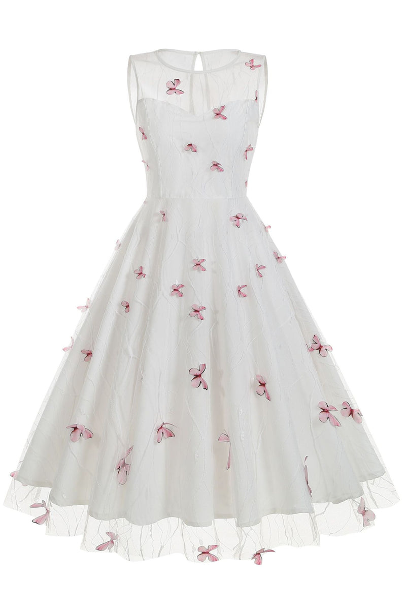 White Illusion Neck Sleeveless A-line Vintage Dress with Pink Butterfly
