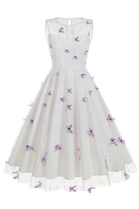 White Illusion Neck Sleeveless A-line Vintage Dress with Purple Butterfly