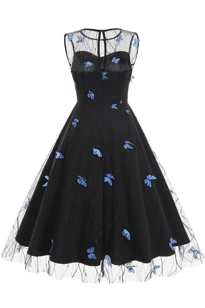 Black Illusion Neck Sleeveless A-line Vintage Dress with Blue Butterfly