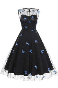 Black Illusion Neck Sleeveless A-line Vintage Dress with Blue Butterfly
