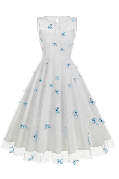 White Illusion Neck Sleeveless A-line Vintage Dress with Blue Butterfly