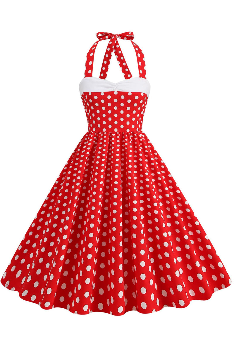 Red Bow Tie Halter Dotted A-line Vintage Dress