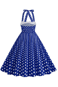 Royal Blue Bow Tie Halter Dotted A-line Vintage Dress