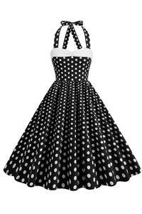 Black Bow Tie Halter Dotted A-line Vintage Dress