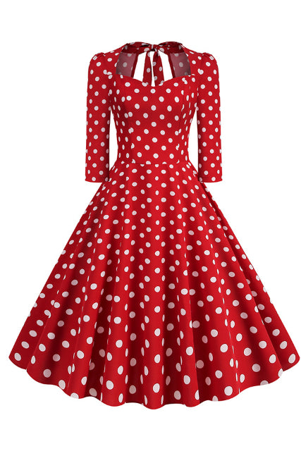 Red Long Sleeves Dotted Bow Tie A-line Vintage Dress