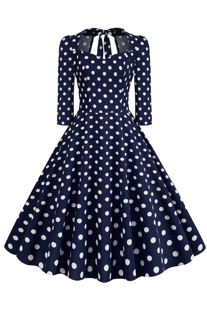Dark Navy Long Sleeves Dotted Bow Tie A-line Vintage Dress