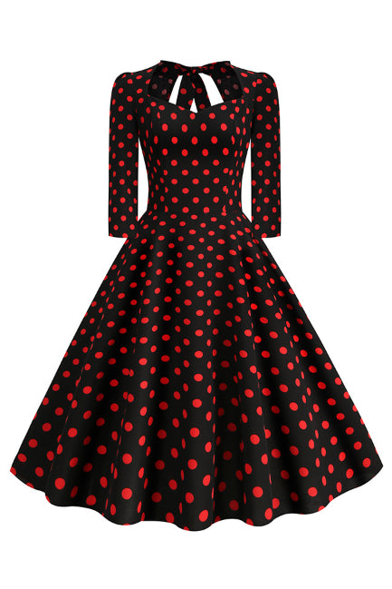 Black Long Sleeves Dotted Bow Tie A-line Vintage Dress