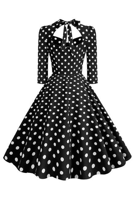 Black Long Sleeves Dotted Bow Tie A-line Vintage Dress