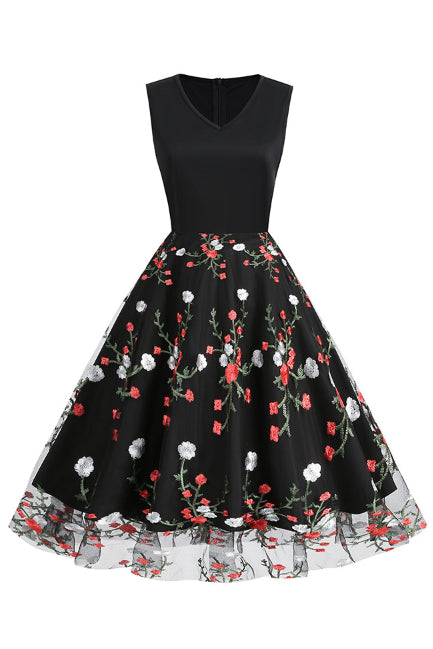 Black Floral Sleeveless A-line Vintage Dress