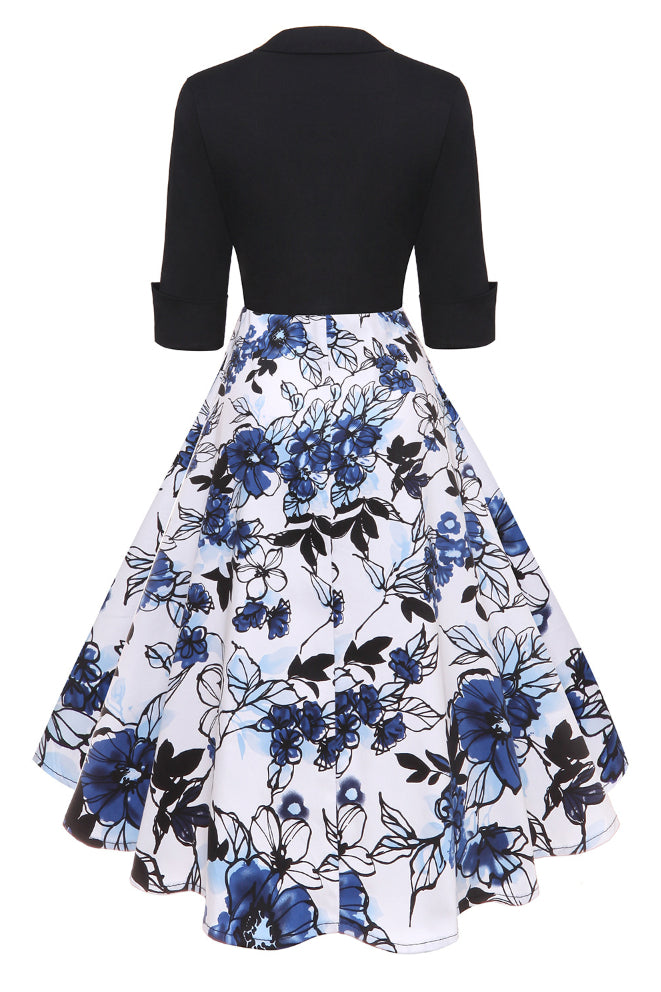 Black Top 1/2 Sleeves Floral A-line Vintage Dress
