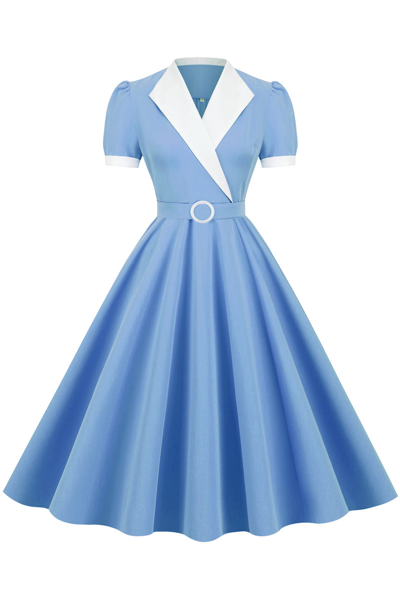 Vintage Blue Lapel A-line Dress