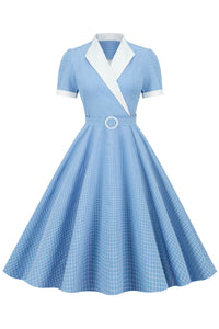 Vintage Blue Plaid Lapel A-line Dress