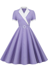 Vintage Purple Plaid Lapel A-line Dress