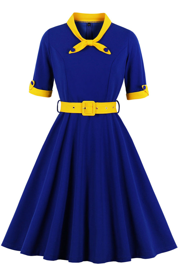 Royal Blue Ribbon Collar A-line Short Sleeves Vintage Dress