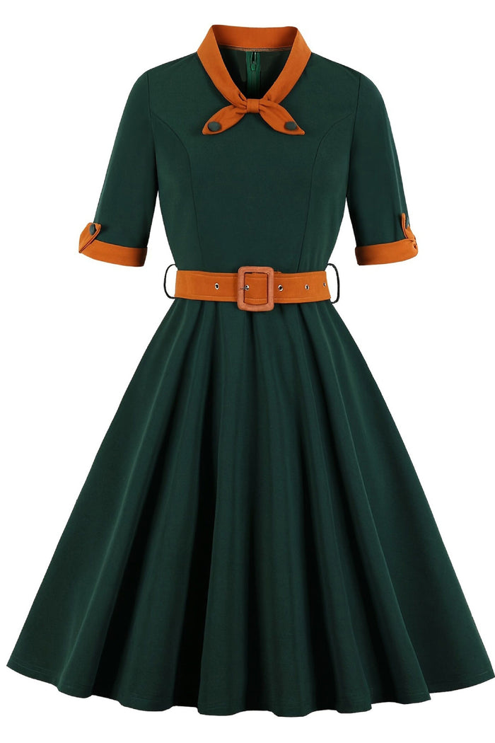 Hunter Green Ribbon Collar A-line Short Sleeves Vintage Dress