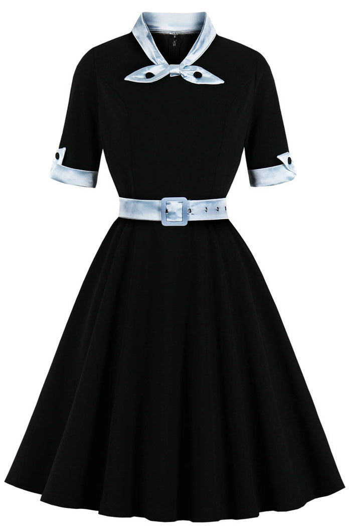 Black Ribbon Collar A-line Short Sleeves Vintage Dress