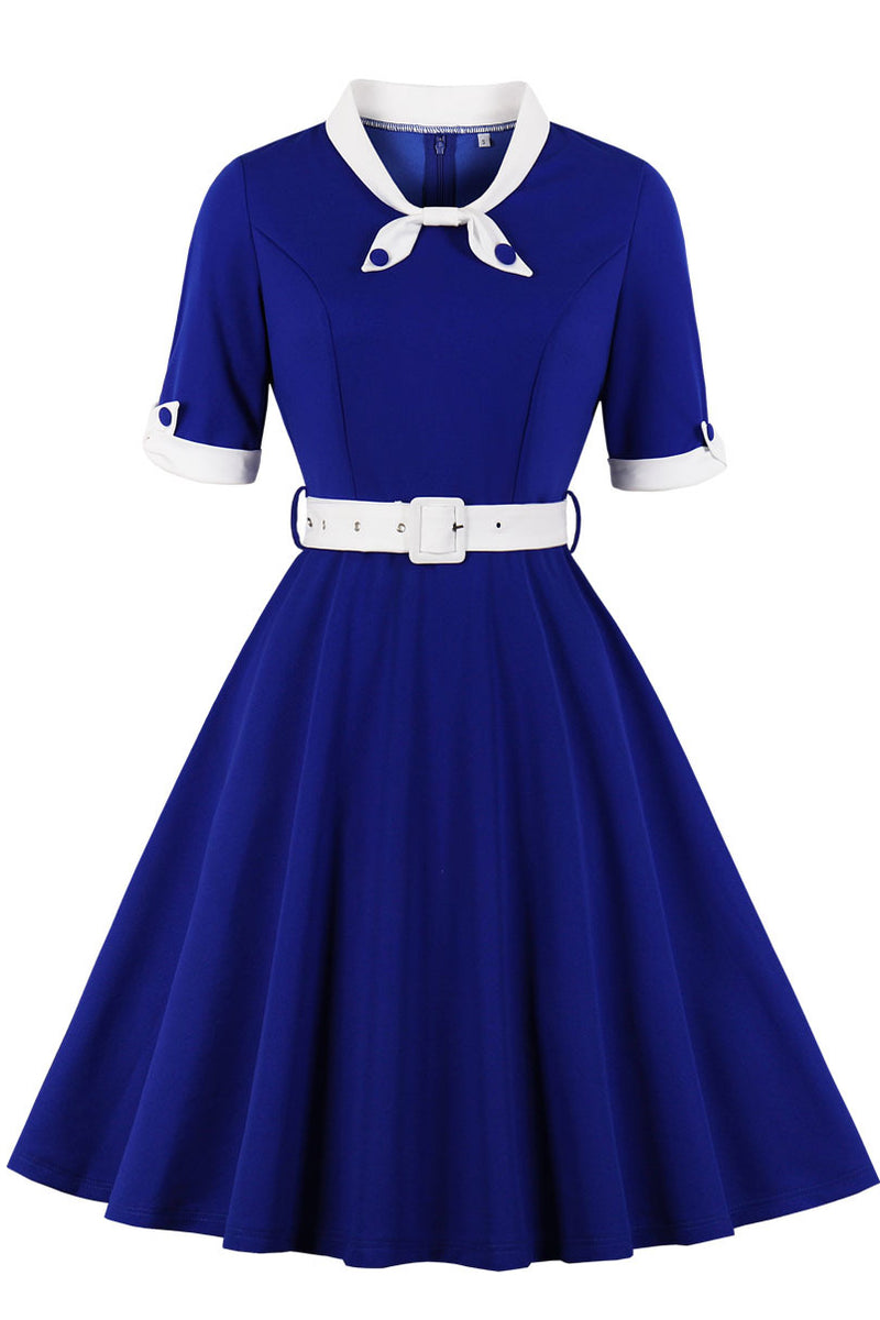 Royal Blue Ribbon Collar A-line Short Sleeves Vintage Dress