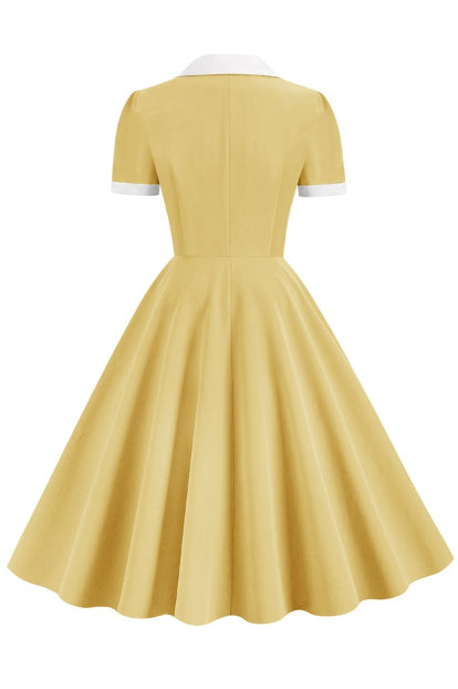 Yellow Shirt Collar Short Sleeves A-line Vintage Dress