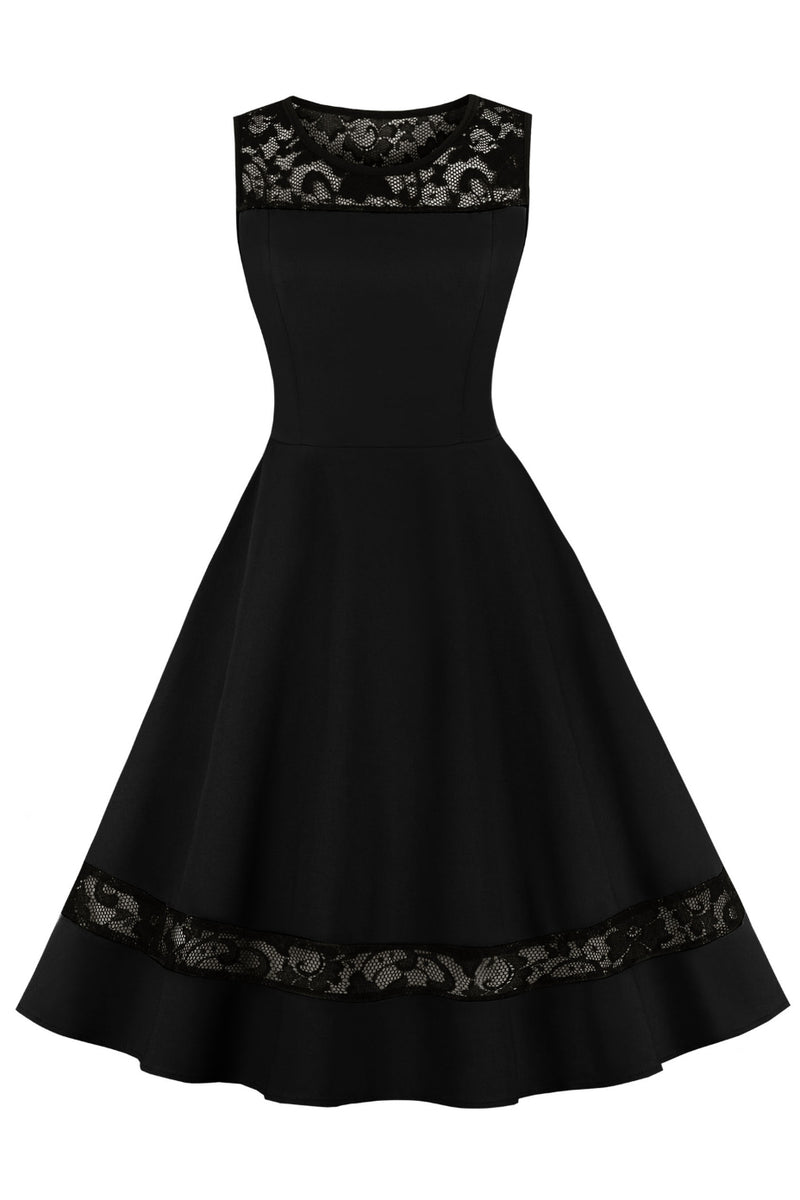 Black Sleeveless Lace Illusion Neck A-line Vintage Dress