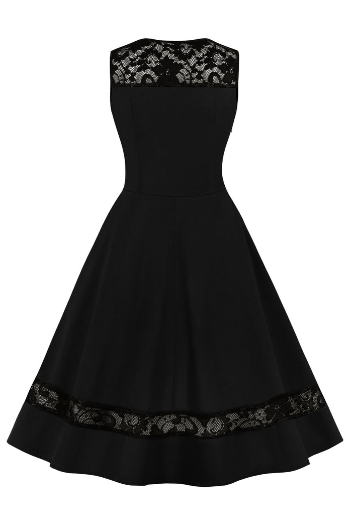 Black Sleeveless Lace Illusion Neck A-line Vintage Dress