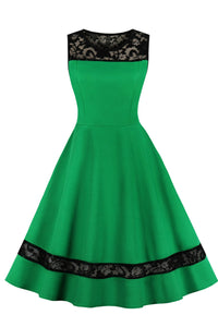 Green Sleeveless Lace Illusion Neck A-line Vintage Dress