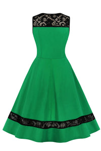 Green Sleeveless Lace Illusion Neck A-line Vintage Dress