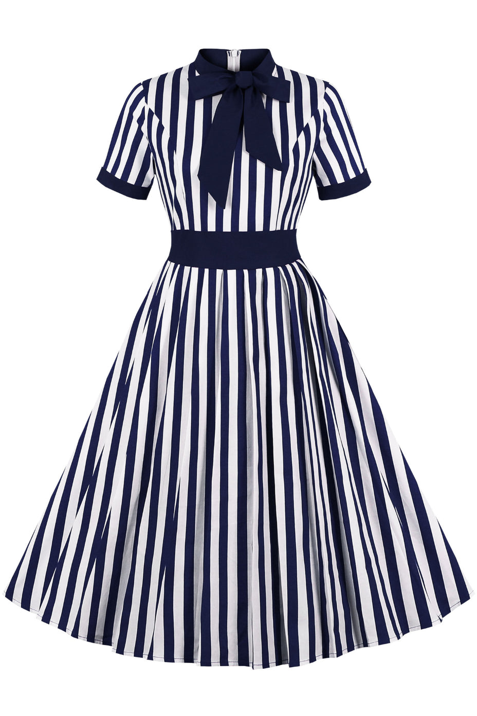 Navy Blue Ribbon Collar Short Sleeves A-line Vintage Dress