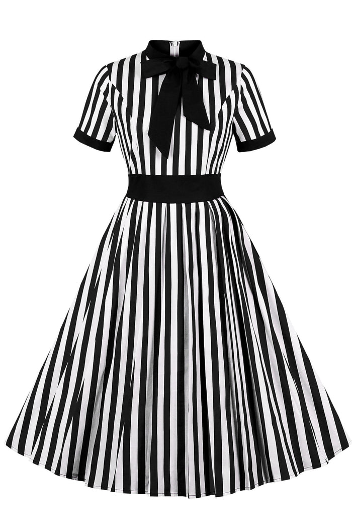 Black Ribbon Collar Short Sleeves A-line Vintage Dress