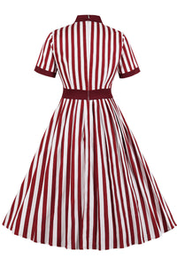 Red Ribbon Collar Short Sleeves A-line Vintage Dress