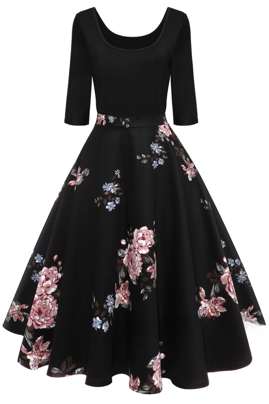 5 Styles of 1/2 Sleeves A-line Floral Vintage Dress
