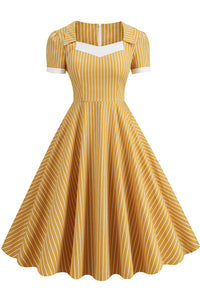 Yellow Striped A-line Dress with Short Sleeves